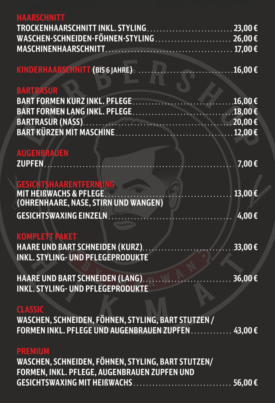 Preisliste Barbershop Hikmat